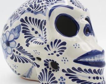 Handcrafted Classic Cobalt Blue Talavera Skull, Craneo Talavera, Home Decor, Feathered Design, Talavera Puebla, Handmade Mexican Art