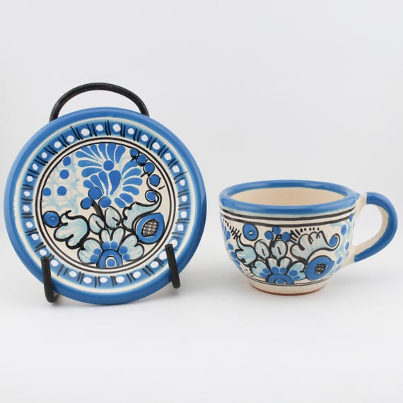 Colorful Talavera Teacup & Saucer Set, Handmade Mexican Ceramic Art, Dishwasher and Microwave Safe, Puebla Mexico Pottery, Unique Drinkware