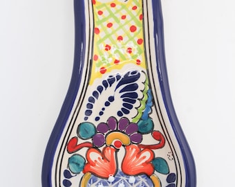 Blue Multicolor Talavera Spoon Rests, Traditional Talavera Pattern, Mexican Art, Handmade by Mexican Artisans, Scratch Resistant