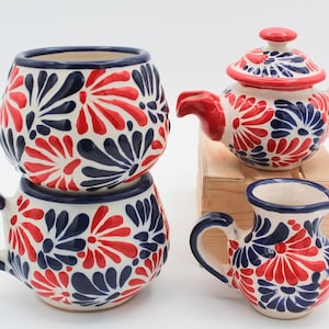 Multicolor 4 Piece Small Coffee Drinking Set, Mexican Feathered Pattern, Scratch Resistant, Food Safe, Includes Creamer + Tea Pot + Mug