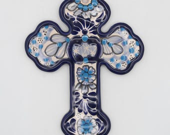 Handmade 7.5" Talavera Cross, Cobalt Blue Feather Floral Pattern, Hanging Wall Decoration, Puebla Talavera, Scratch Resistant