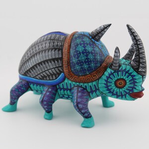 Handmade Hand-carved Rhino Beatle Fusion Masterpiece Alebrije, Traditional Mexican Art, Spirit Guide Protector, Zapotec Pattern Symbology