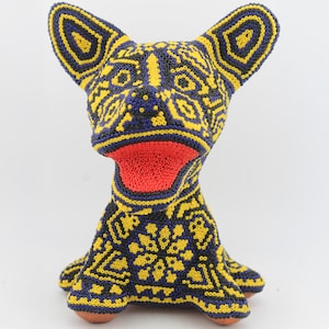 Friendly Sitting Chihuahua Huichol Statue, Handmade Mexican Figure, Traditional Mexican Art, Wixarica Piece, Special Huichol Beadwork Art