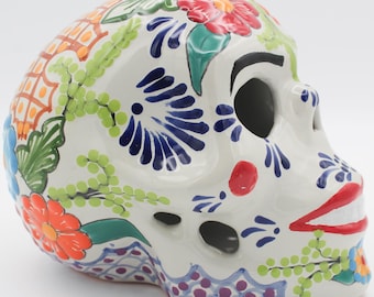 Handcrafted Classic Talavera Skull, Puebla Talavera, Home Decor, Feather and Floral Design, Handmade Mexican Art
