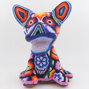 Friendly Sitting Chihuahua Huichol Statue, Handmade Mexican Figure, Traditional Mexican Art, Wixarica Piece, Special Huichol Beadwork Art
