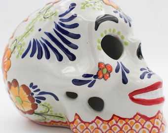 Handcrafted Vibrant Multicolor Talavera Skull, Craneo Talavera, Home Decor, Feathered Floral Design, Talavera Puebla, Handmade Mexican Art