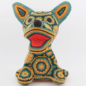 Friendly Sitting Chihuahua Huichol Statue, Handmade Mexican Figure, Traditional Mexican Art, Wixarica Piece, Special Huichol Beadwork Art