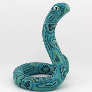 Cute Aqua Snake Wooden Alebrije, Traditional Oaxacan Art, Mexican Wood Sculpture, Special Symbology and Designs Native to Zapotec Culture