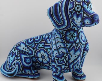 Mexican Dachshund Huichol Statue Figure, Traditional Jalisco Art, Special Wixarica Beadwork Art, Mexican Handmade, Handcrafted Art