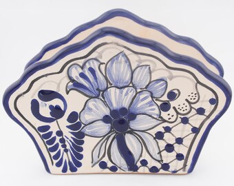 Traditional Cobalt Blue Talavera Napkin Holders, Floral and Feathered Pattern, Puebla Talavera, Handmade Mexican Art, Scratch Resistant