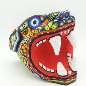 Fearsome Handmade Wixarica Jaguar Head, Traditional Jalisco Beadwork Art, Mexican Huichol Designs and Symbology, Home or Office Decor