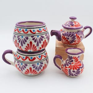Multicolor 4 Piece Small Coffee Drinking Set, Mexican Feathered Pattern, Scratch Resistant, Food Safe, Includes Creamer + Tea Pot + Mug