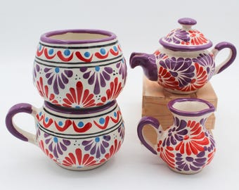 Multicolor 4 Piece Small Coffee Drinking Set, Mexican Feathered Pattern, Scratch Resistant, Food Safe, Includes Creamer + Tea Pot + Mug