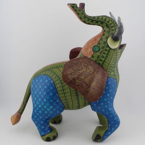 Elephant Alebrije Masterpiece, Handmade Wooden Earth Colors Axolotl and Wolf Painting on Alebrije, Traditional Mexican Art, Mexican Wood Art