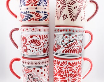 Modern Talavera Red 14oz Mugs, Puebla Talavera, Handmade Clay Cups, Microwave and Dishwasher Safe, Lead Free, Scratch Resistant