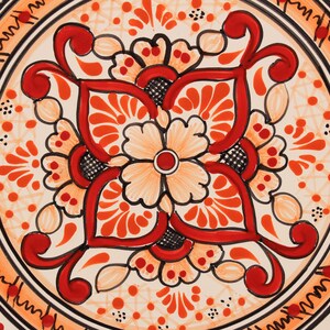 Pode incluir: Um prato de cer&acirc;mica branco com um desenho floral vermelho e laranja. O desenho apresenta uma flor central com quatro p&eacute;talos e um c&iacute;rculo menor no centro. O prato &eacute; decorado com uma borda de espirais vermelhas e laranja.