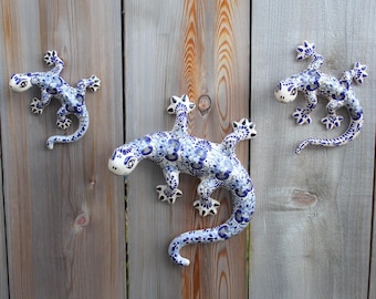 Set of 3 Multicolor Talavera Wall Lizards, Small Medium & Large
