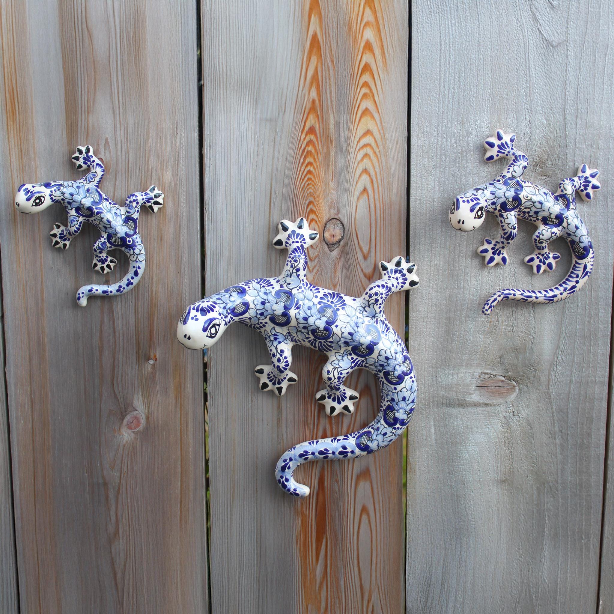 Set of 3 Multicolor Talavera Wall Lizards, Small Medium & Large
