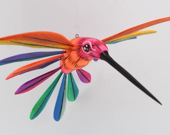 Handmade Colorful Hummingbird Alebrije, Traditional Oaxaca Mexico Wooden Art, Carved from Copal Wood Hand Painted