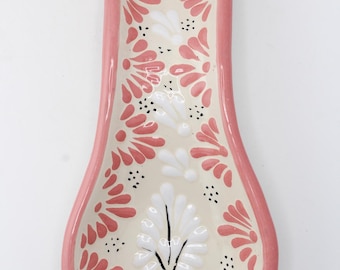 Modern Pink and Gray Talavera Spoon Rests, Traditional Floral Pattern, Mexican Handcrafted Art, Classic Puebla Ceramic, Scratch Resistant