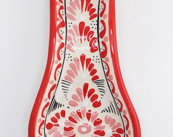 Vibrant Red Multicolor Talavera Spoon Rests, Traditional Floral Pattern, Handmade Art, Classic Puebla Mexico Ceramic, Scratch Resistant