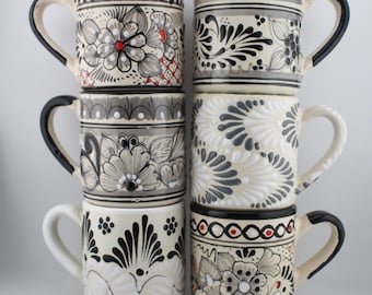 Modern Talavera Black and White Mugs, Puebla Talavera, Handmade Clay Cups, Microwave and Dishwasher Safe, Lead Free, Scratch Resistant