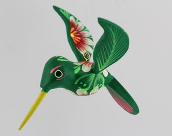 Handmade Colorful Mini Flower Hummingbird Alebrije, Traditional Oaxaca Mexico Wooden Art, Carved from Copal Wood Hand Painted Floral Design