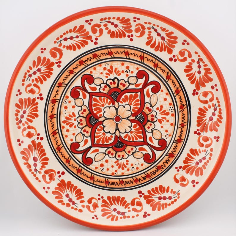 Mexican Talavera 11.8" Diameter Plates, Handmade Clay Plates, Handmade Tableware, Mexican Pottery Dishwasher and Microwave Safe, Orange