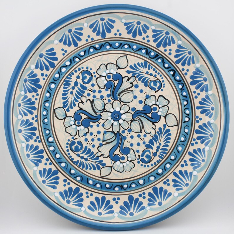 Mexican Talavera 11.8" Diameter Plates, Handmade Clay Plates, Handmade Tableware, Mexican Pottery Dishwasher and Microwave Safe, Blue