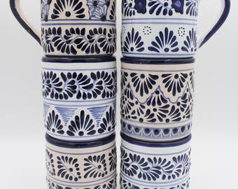 Modern Talavera Blue 14oz Mugs, Puebla Talavera, Handmade Clay Cups, Microwave and Dishwasher Safe, Lead Free, Scratch Resistant