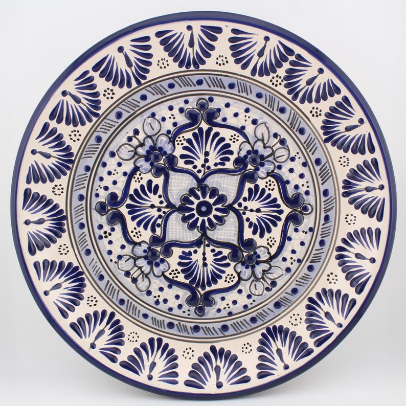 Mexican Talavera 11.8" Diameter Plates, Handmade Clay Plates, Handmade Tableware, Mexican Pottery Dishwasher and Microwave Safe, Cobalt