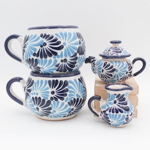 Ocean Blue 4 Piece Coffee Drinking Set, Mexican Pottery, Feathered Pattern, Scratch Resistant, Food Safe, Includes Creamer + Tea Pot + Mug