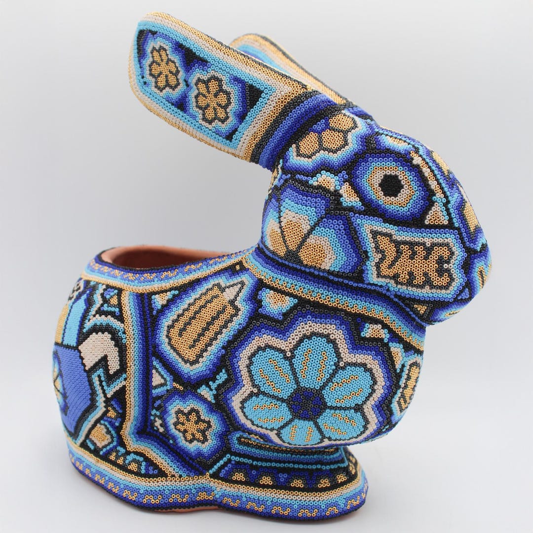 Cute Relaxing Bunny Huichol Planter, Colorful Beaded Rabbit, Home Decor ...
