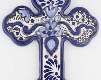 Handmade Cobalt Blue Talavera Hanging Cross, Flower and Feathered Talavera Pattern, Wall Decoration, Puebla Talavera, Scratch Resistant