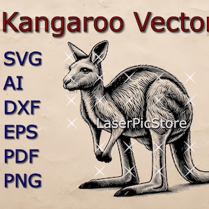May include: Black and white vector illustration of a kangaroo standing on a beige background. The image includes the text "Kangaroo Vector" and a list of file formats: SVG, AI, DXF, EPS, PDF, PNG.