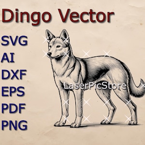 Puede incluir: Ilustración en blanco y negro de un perro Dingo de líneas, de pie sobre un fondo beige. El texto "Dingo Vector" está en la parte superior de la imagen. Debajo de la imagen, el texto "SVG, AI, DXF, EPS, PDF, PNG" está listado en una columna.