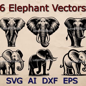 May include: Six black and white vector illustrations of elephants in various poses. The elephants are all facing forward and have detailed features, including their trunks, ears, and tusks. The illustrations are set against a light brown background with the text "6 Elephant Vectors" at the top and "SVG AI DXF EPS" at the bottom.