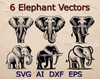 May include: Six black and white vector illustrations of elephants in various poses. The elephants are all facing forward and have detailed features, including their trunks, ears, and tusks. The illustrations are set against a light brown background with the text "6 Elephant Vectors" at the top and "SVG AI DXF EPS" at the bottom.