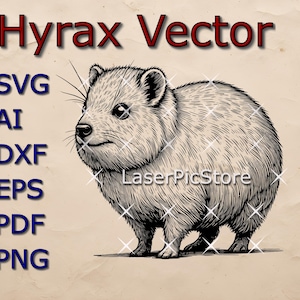 Puede incluir: Ilustración en blanco y negro de un daman, un pequeño mamífero nativo de África y Oriente Medio. La imagen está etiquetada como "Hyrax Vector" e incluye los formatos de archivo SVG, AI, DXF, EPS, PDF y PNG.