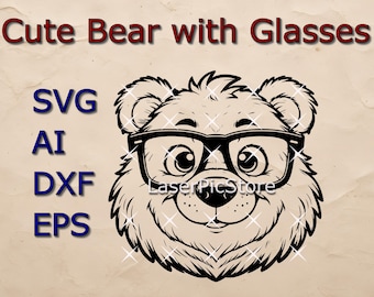 Cute Bear with Glasses Vector File - SVG AI DXF - Cute Cartoon Animal svg - Printing - Cutting - Engraving