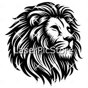 May include: Black and white line art illustration of a lion's head with a thick mane. The lion is looking to the right with its mouth closed.