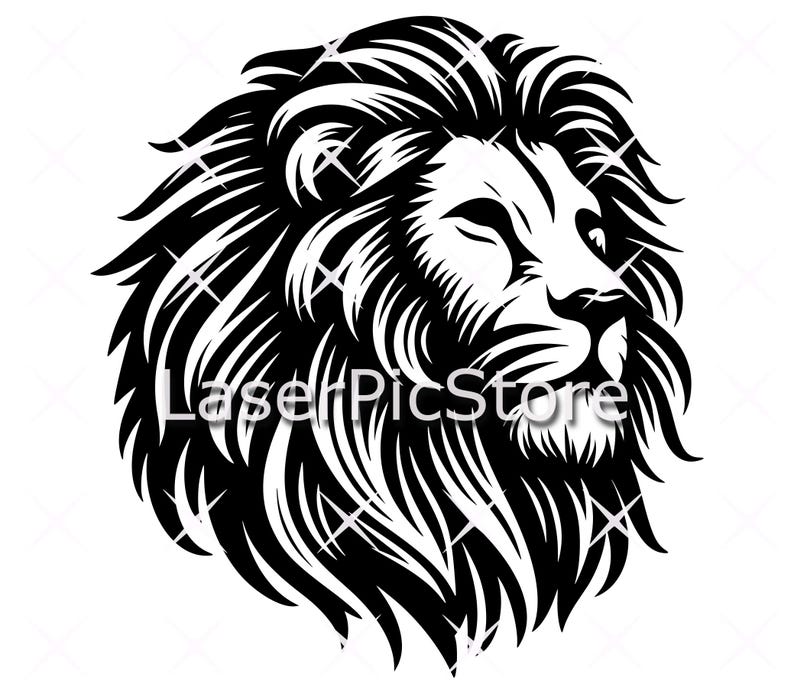 May include: Black and white line art illustration of a lion's head with a thick mane. The lion is looking to the right with its mouth closed.