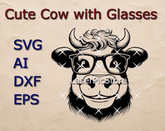 Cute Cow with Glasses Vector File - SVG AI DXF - Cute Cartoon Animal svg - Printing - Cutting - Engraving