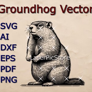 May include: Black and white vector illustration of a groundhog standing on its hind legs. The image is available in SVG, AI, DXF, EPS, PDF, and PNG formats.