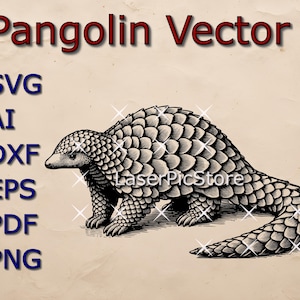 May include: Black and white vector illustration of a pangolin. The pangolin is depicted in a side view, with its scales and tail visible. The image is labeled "Pangolin Vector" and includes the file types "SVG, AI, DXF, EPS, PDF, PNG".