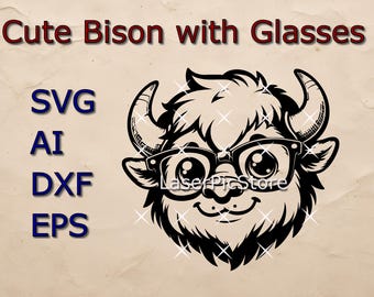 Cute Bison with Glasses Vector File - SVG AI DXF - Cute Cartoon Animal svg - Printing - Cutting - Engraving