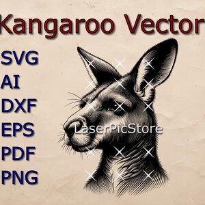 May include: Black and white line art illustration of a kangaroo's head. The image is labeled "Kangaroo Vector" and lists file formats: SVG, AI, DXF, EPS, PDF, PNG.