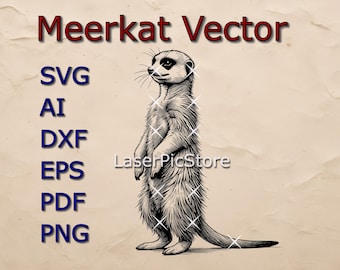 May include: Black and white line art illustration of a meerkat standing on its hind legs. The meerkat is looking to the left. The text "Meerkat Vector" is at the top of the image. The text "SVG, AI, DXF, EPS, PDF, PNG" is on the left side of the image.