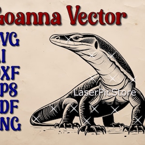 May include: Black and white line art illustration of a Goanna lizard. The image is labelled "Goanna Vector" and includes the file types SVG, AI, DXF, EPS, PDF, and PNG.