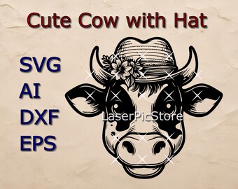 Cute Cow with Hat Vector File - SVG AI DXF - Cute Cartoon Animal svg - Printing - Cutting - Engraving